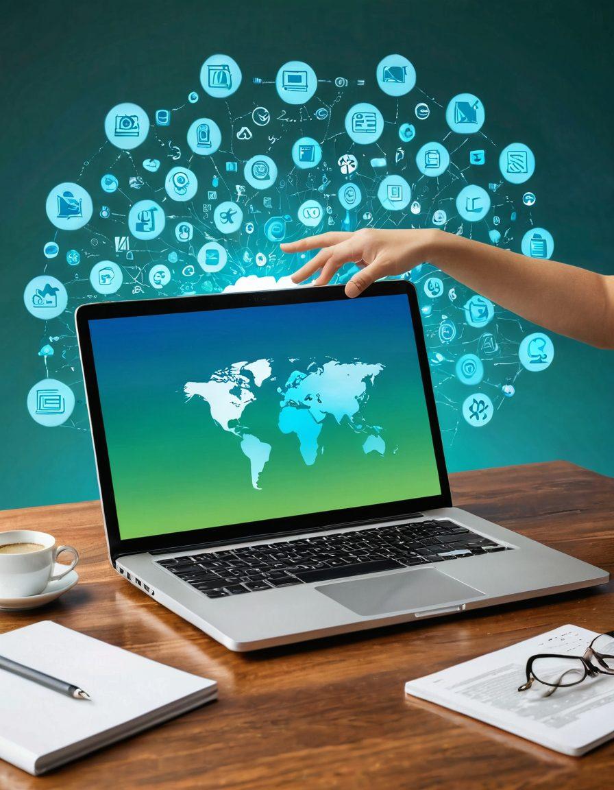 A sleek, modern laptop on a wooden desk, surrounded by floating digital publishing icons like a globe, cloud storage, and HTML symbols. The background features a subtle gradient of blue and green, symbolizing the digital landscape. Include a hand reaching out to the icons, representing interaction and harnessing technology. super-realistic. vibrant colors. white background.