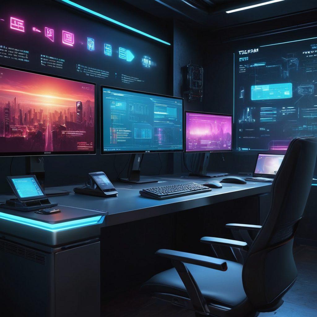 A sleek, modern workspace featuring a high-tech computer display showcasing a vibrant blog interface about adult content and web hosting solutions. The backdrop should emphasize cyberspace with glowing digital elements, abstract code flowing, and icons representing web hosting. Include subtle hints of adult themes like stylized silhouettes or abstract representations, ensuring a professional and inviting atmosphere. The overall color palette should be rich and dynamic, capturing a progressive digital vibe. super-realistic. vibrant colors. cyberpunk.
